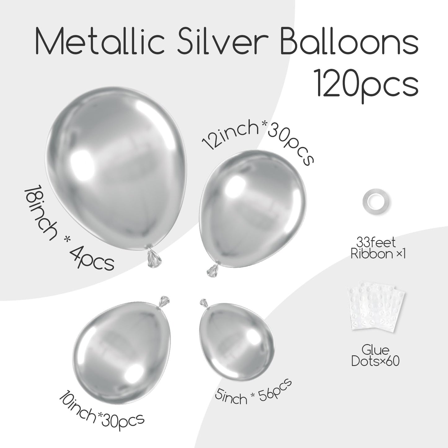 120pc Metallic Balloon Arch Kit, 18 12 10 5 inch Chrome Silver Latex Balloons Different Sizes Metallic Balloon Garland for Wedding Baby Shower Disco Birthday Party Decorations