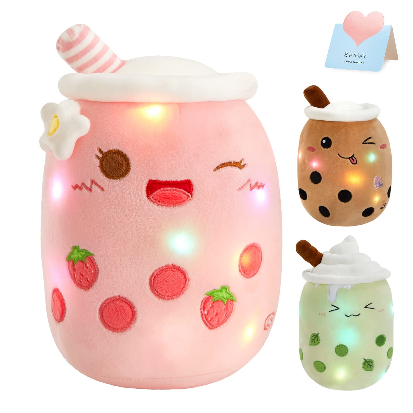 Light Up Strawberry Boba Tea Soft Plush Pillow 10''