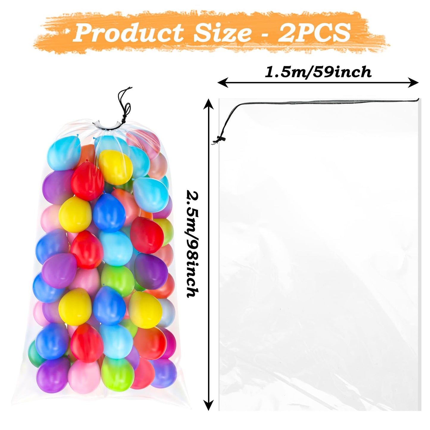 4PCS Balloon Bags,2PCS 98x59IN Balloon Bags for Transport Extra Large and 2PCS 59x47IN Plastic Reusable Clear Drop Storage Bags with Pull Cord