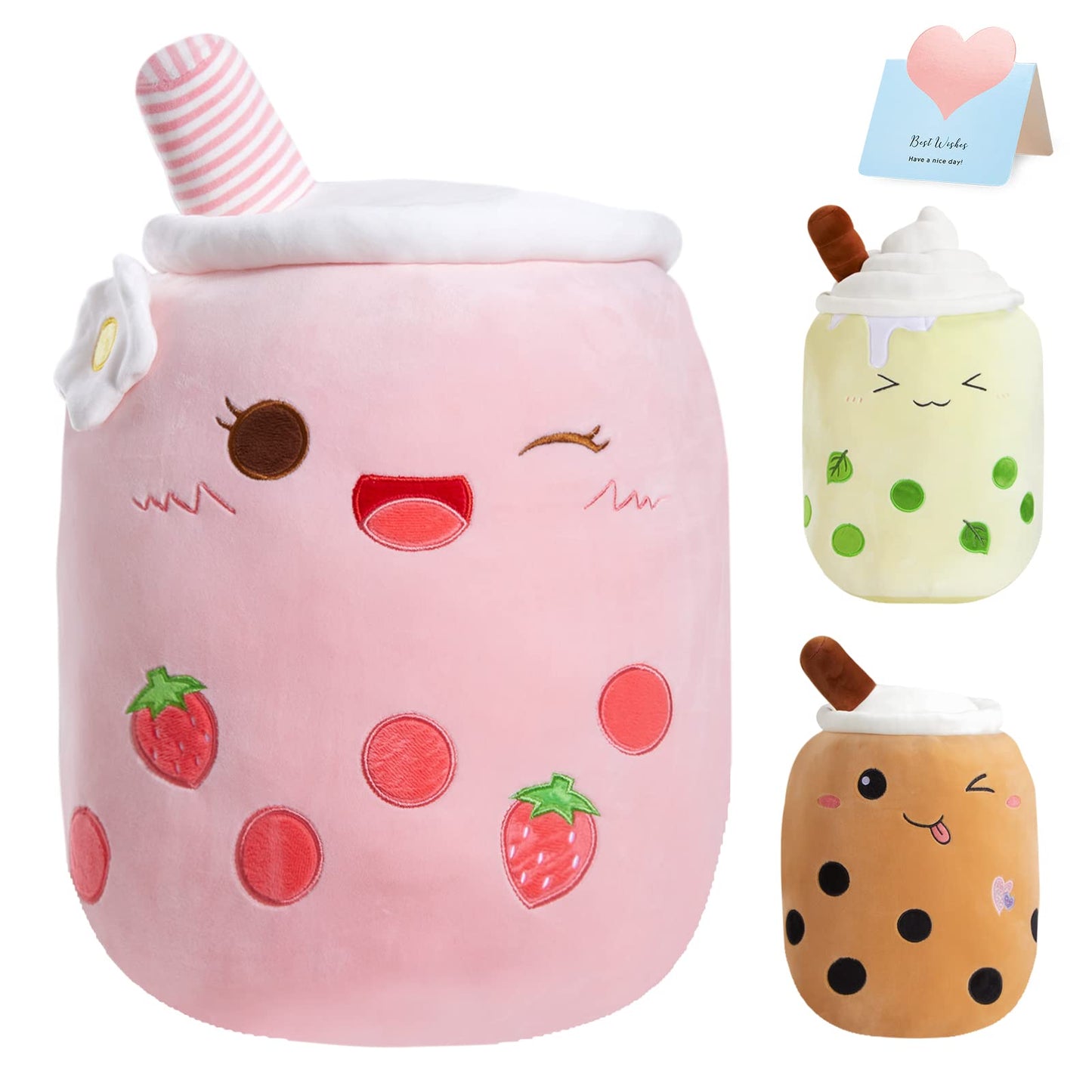 Light Up Strawberry Boba Tea Soft Plush Pillow 10''