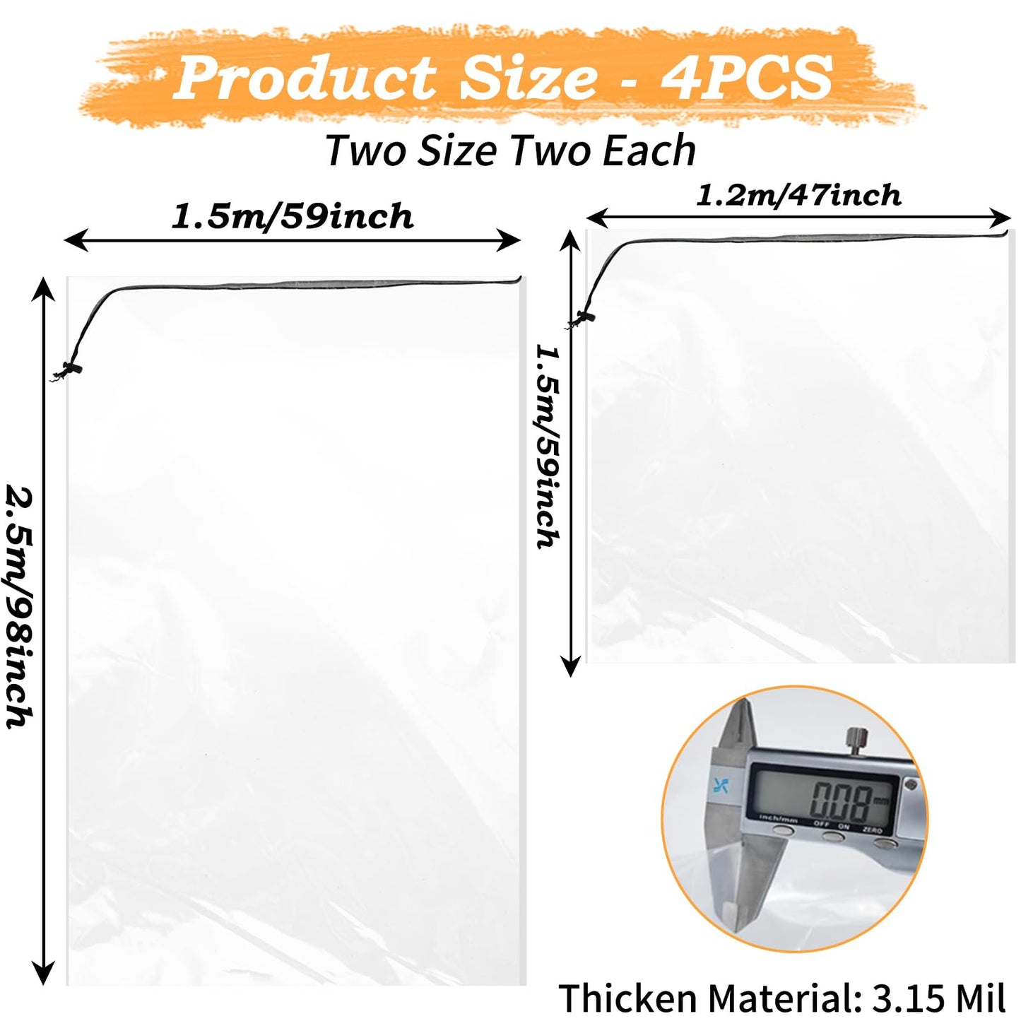 4PCS Balloon Bags,2PCS 98x59IN Balloon Bags for Transport Extra Large and 2PCS 59x47IN Plastic Reusable Clear Drop Storage Bags with Pull Cord