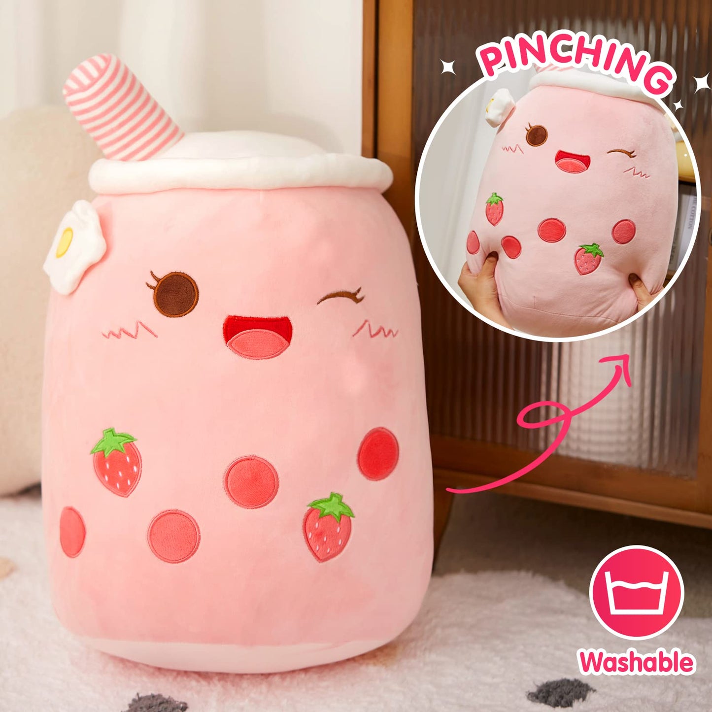 Light Up Strawberry Boba Tea Soft Plush Pillow 10''