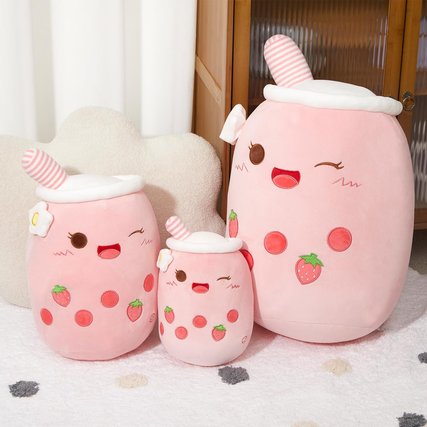 Light Up Strawberry Boba Tea Soft Plush Pillow 10''