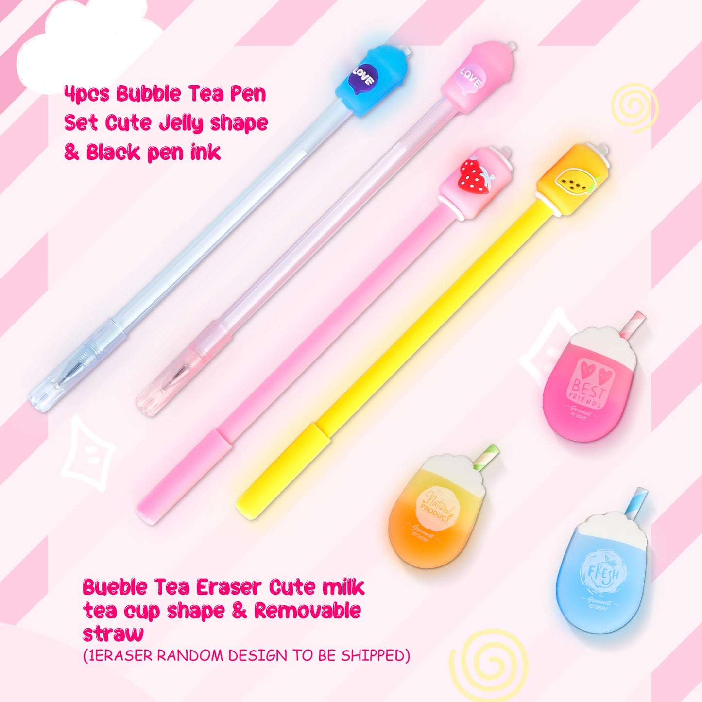 Boba Tea Pencil Case Holder 61 PCS Pink Stationary Set Pink Stationery Bag 4 Cute Pens, 53 Stickers, Bubble Sticky Notes and Erasers, Ruler Present Set for gift
