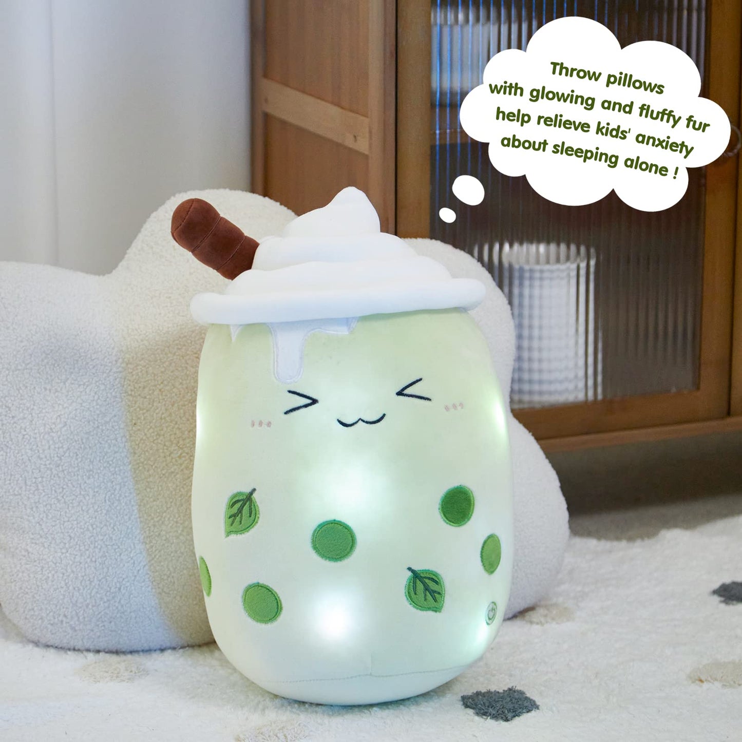 Light Up Strawberry Boba Tea Soft Plush Pillow 10''