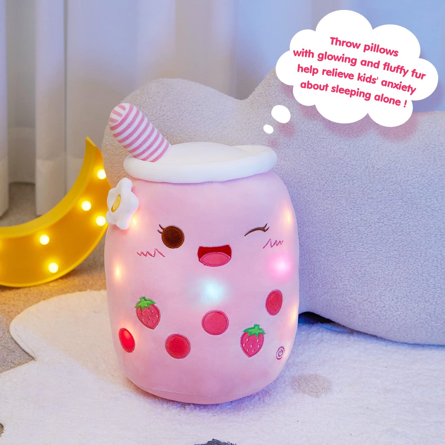 Light Up Strawberry Boba Tea Soft Plush Pillow 10''