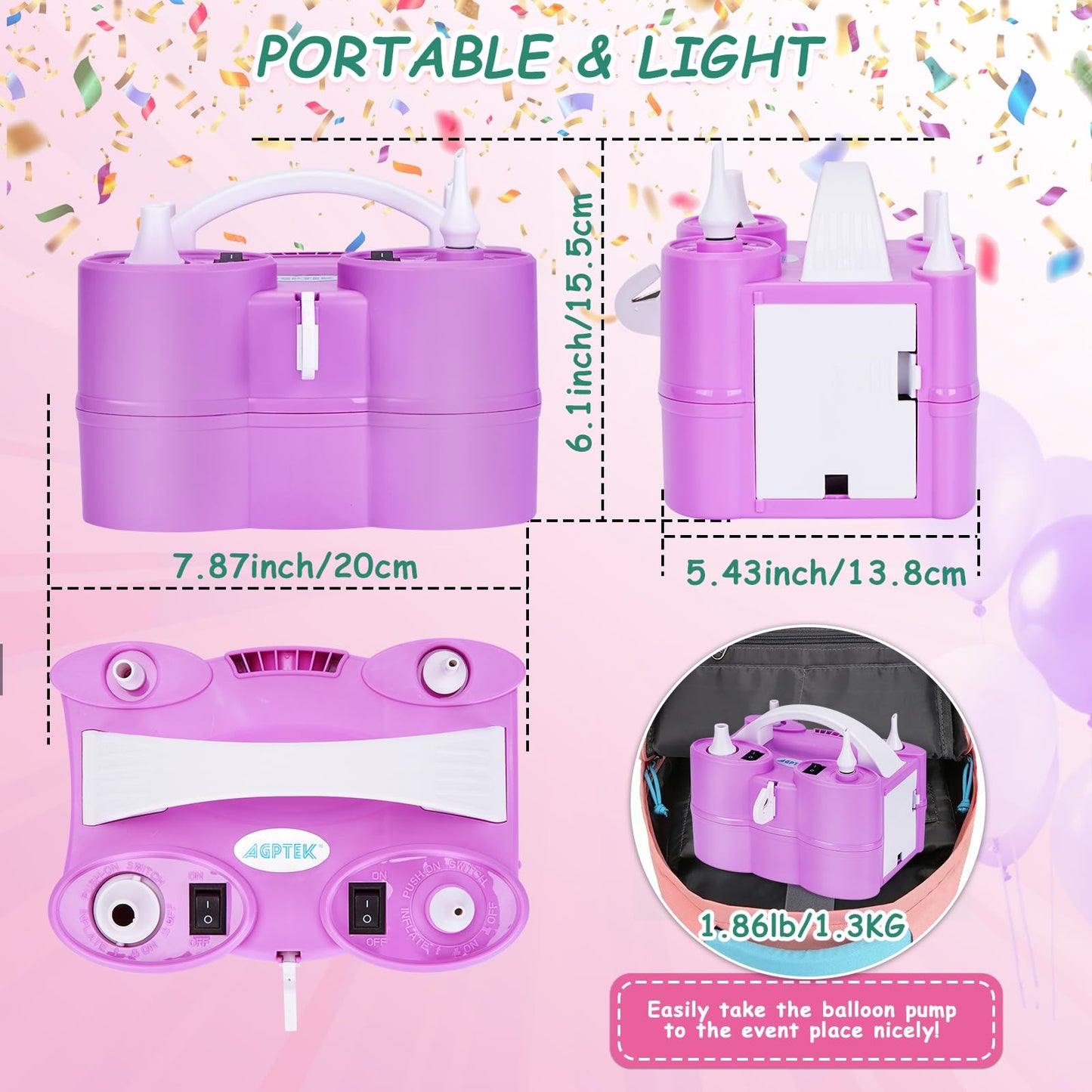 3-in-1 Air Pump for Inflatables and Balloon Electric Air Balloon Pump 600W for Latex 260Q Foil Balloons with Hose Extension