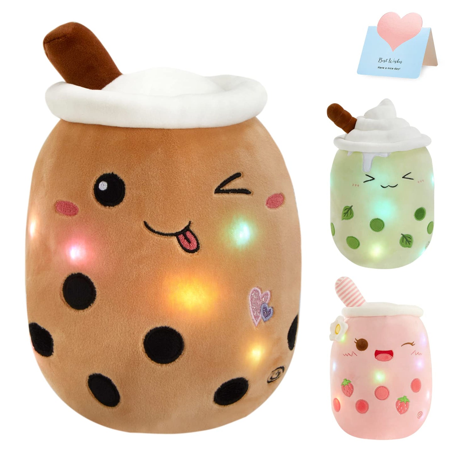 Light Up Strawberry Boba Tea Soft Plush Pillow 10''