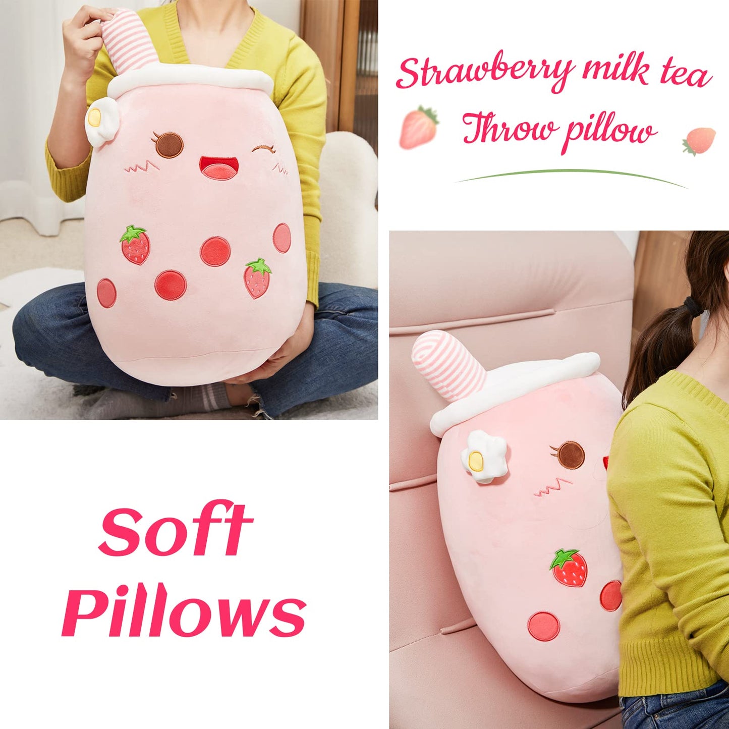 Light Up Strawberry Boba Tea Soft Plush Pillow 10''