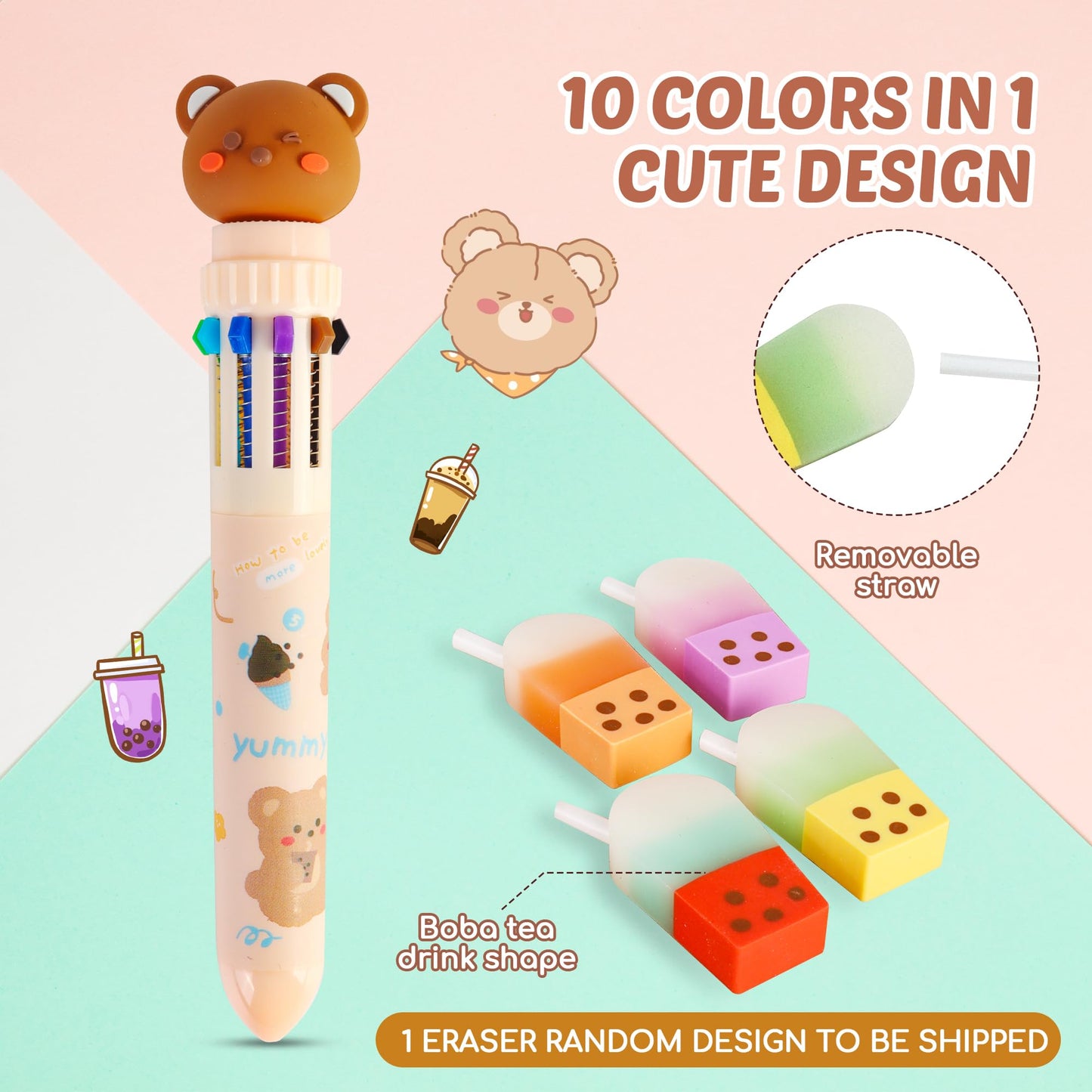 Boba Tea Pencil Case Holder 61 PCS Pink Stationary Set Pink Stationery Bag 4 Cute Pens, 53 Stickers, Bubble Sticky Notes and Erasers, Ruler Present Set for gift