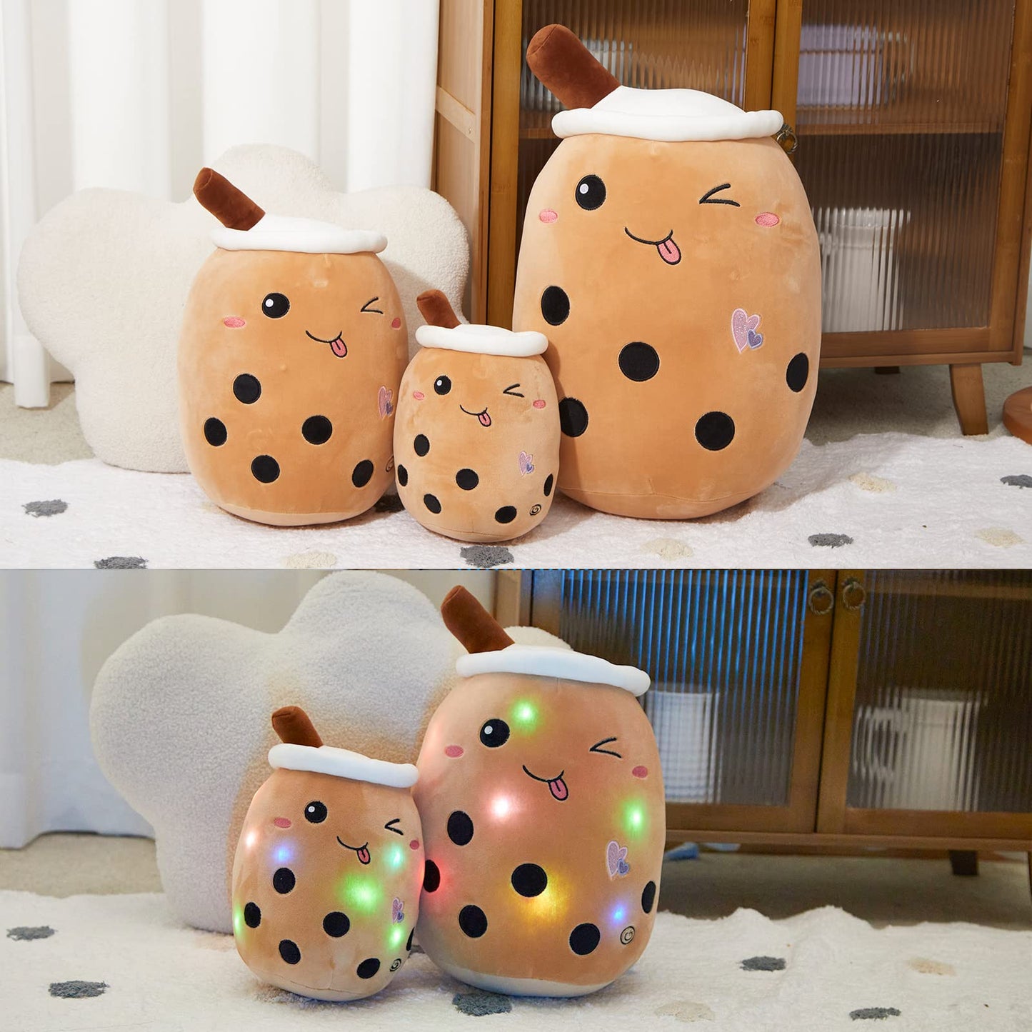 Light Up Strawberry Boba Tea Soft Plush Pillow 10''
