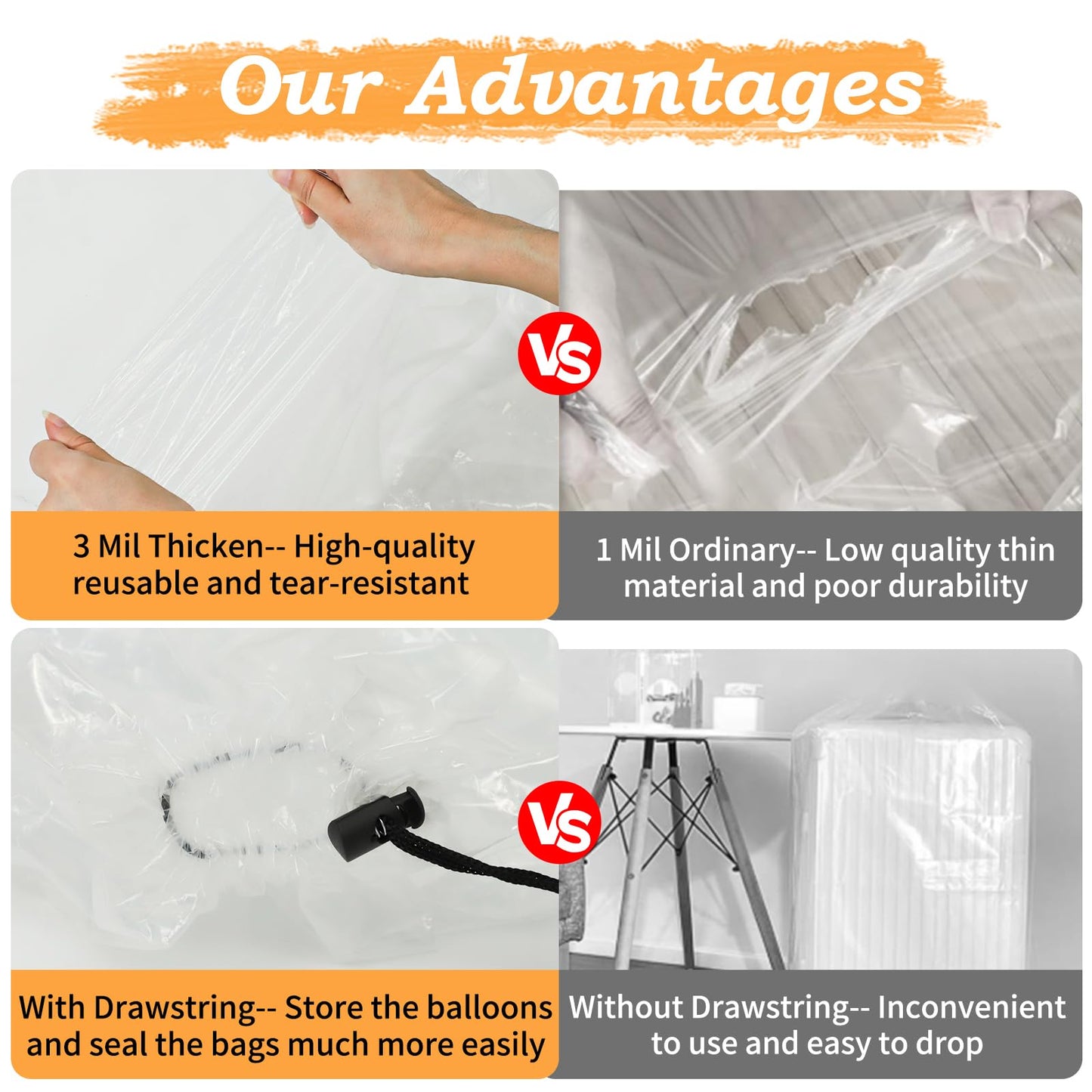 4PCS Balloon Bags,2PCS 98x59IN Balloon Bags for Transport Extra Large and 2PCS 59x47IN Plastic Reusable Clear Drop Storage Bags with Pull Cord