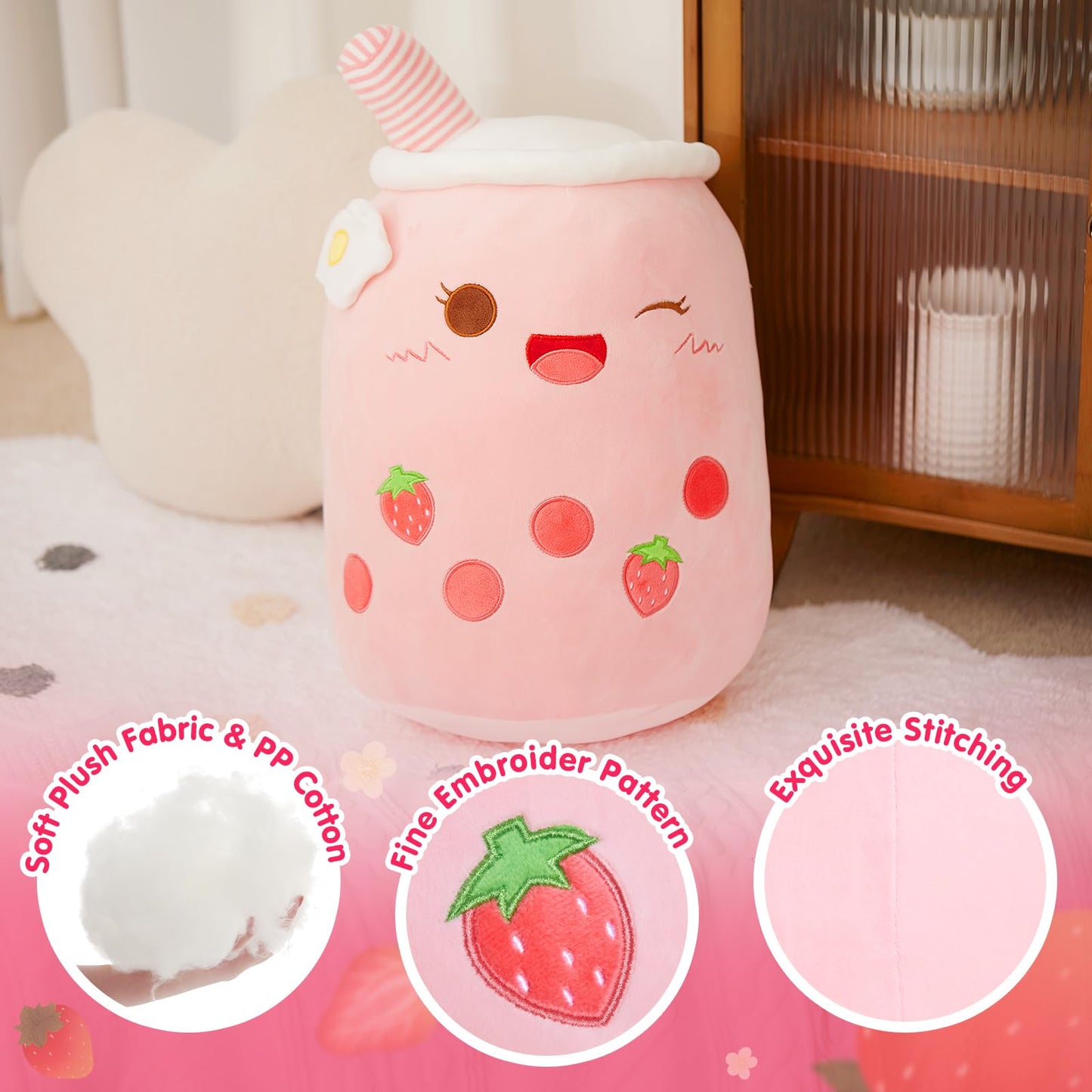 Light Up Strawberry Boba Tea Soft Plush Pillow 10''