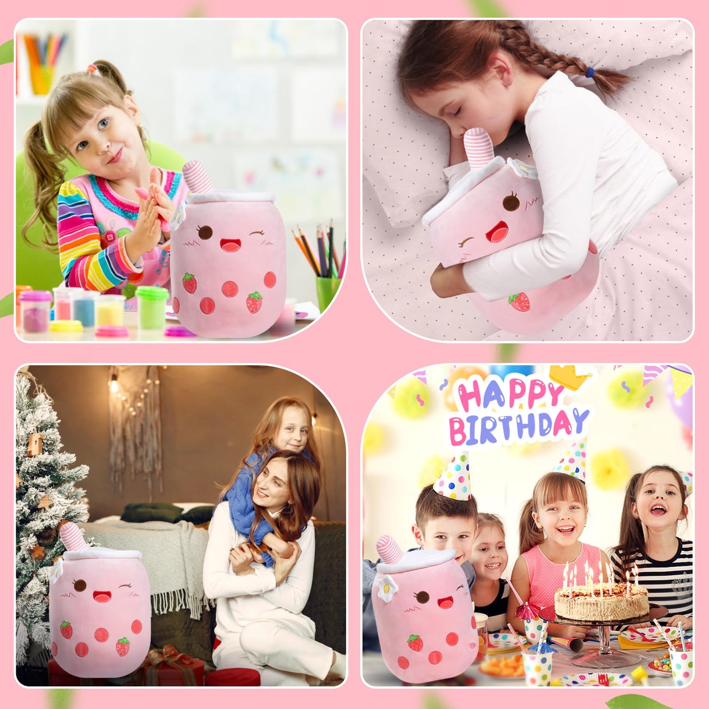 Light Up Strawberry Boba Tea Soft Plush Pillow 10''