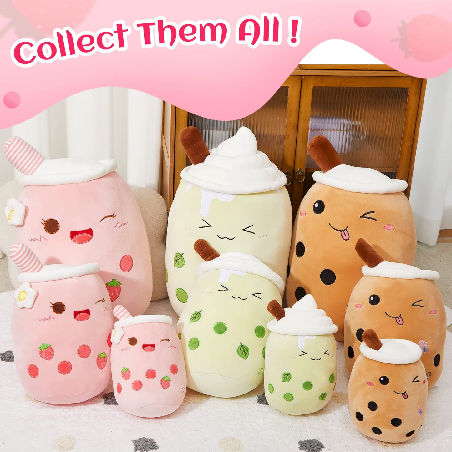 Light Up Strawberry Boba Tea Soft Plush Pillow 10''