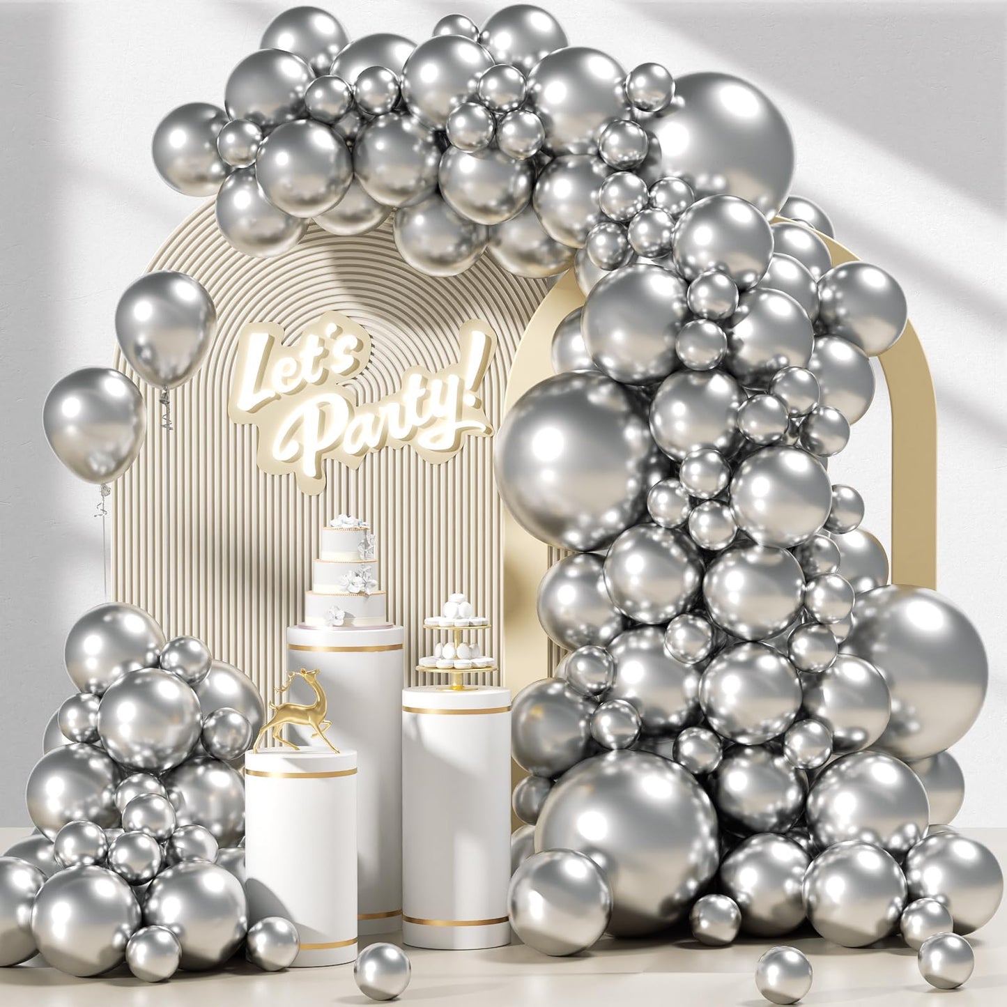 120pc Metallic Balloon Arch Kit, 18 12 10 5 inch Chrome Silver Latex Balloons Different Sizes Metallic Balloon Garland for Wedding Baby Shower Disco Birthday Party Decorations