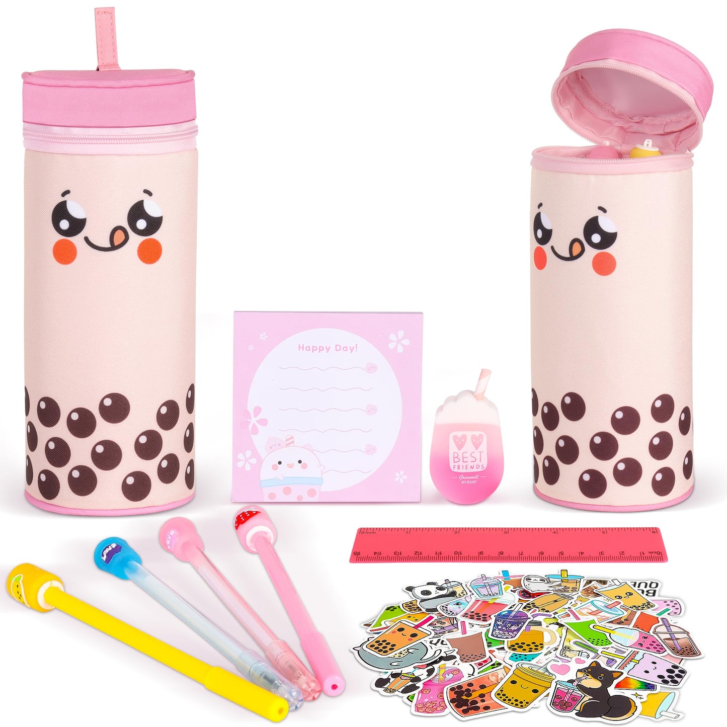 Boba Tea Pencil Case Holder 61 PCS Pink Stationary Set Pink Stationery Bag 4 Cute Pens, 53 Stickers, Bubble Sticky Notes and Erasers, Ruler Present Set for gift