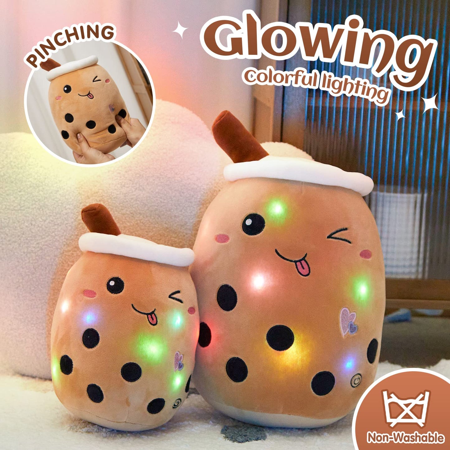 Light Up Strawberry Boba Tea Soft Plush Pillow 10''