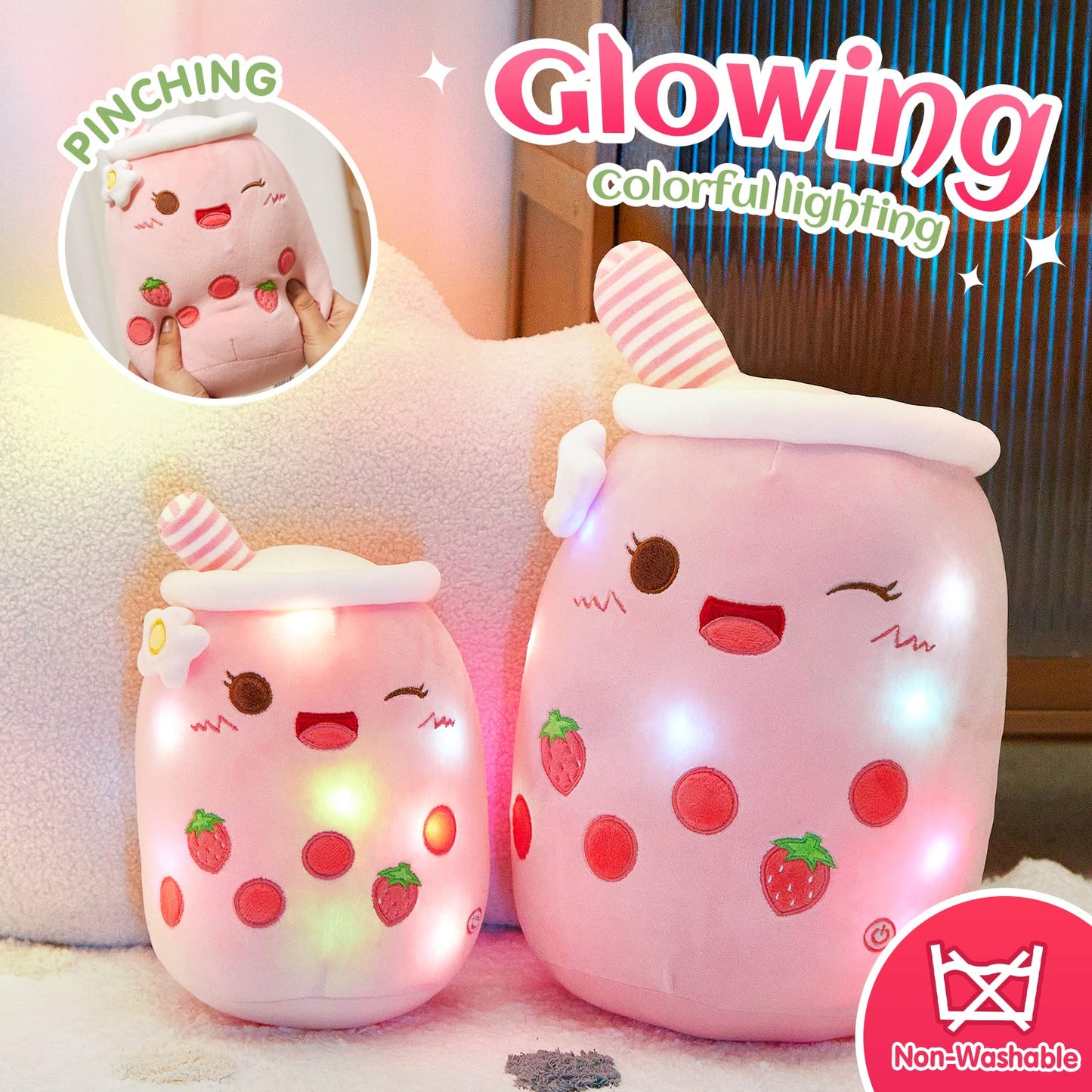Light Up Strawberry Boba Tea Soft Plush Pillow 10''