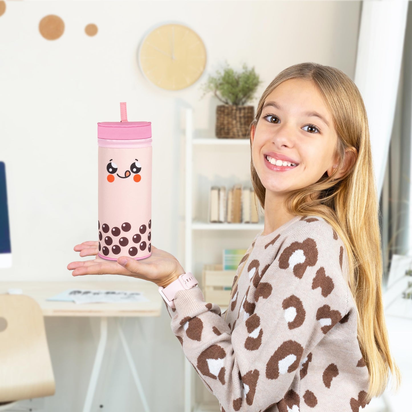 Boba Tea Pencil Case Holder 61 PCS Pink Stationary Set Pink Stationery Bag 4 Cute Pens, 53 Stickers, Bubble Sticky Notes and Erasers, Ruler Present Set for gift