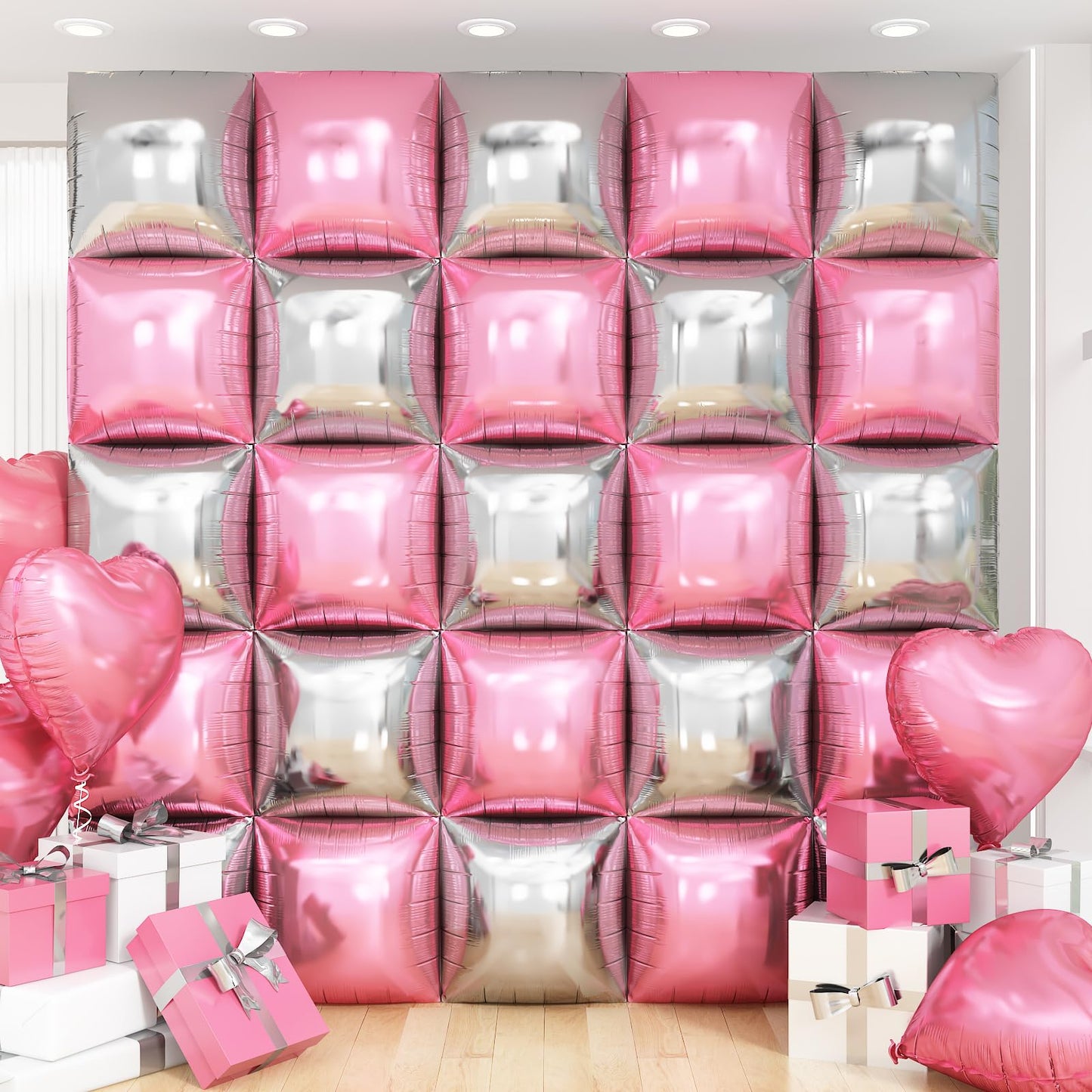 Silver Square Foil Balloon Wall,25Pcs Silver Balloon Backdrop Helium Mylar Balloon Tunnel Arch Garland Kit for Birthday Bridal Anniversary Baby Shower Party Decorations