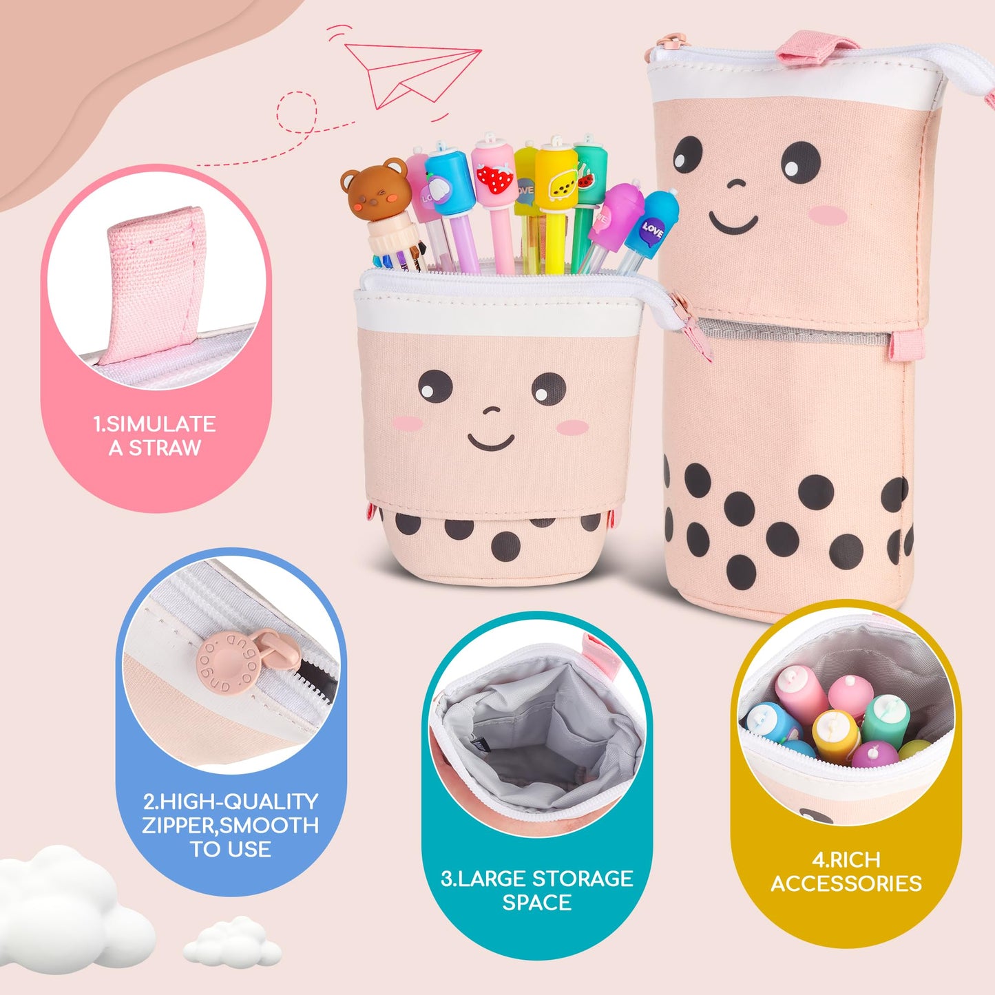 Boba Tea Pencil Case Holder 61 PCS Pink Stationary Set Pink Stationery Bag 4 Cute Pens, 53 Stickers, Bubble Sticky Notes and Erasers, Ruler Present Set for gift