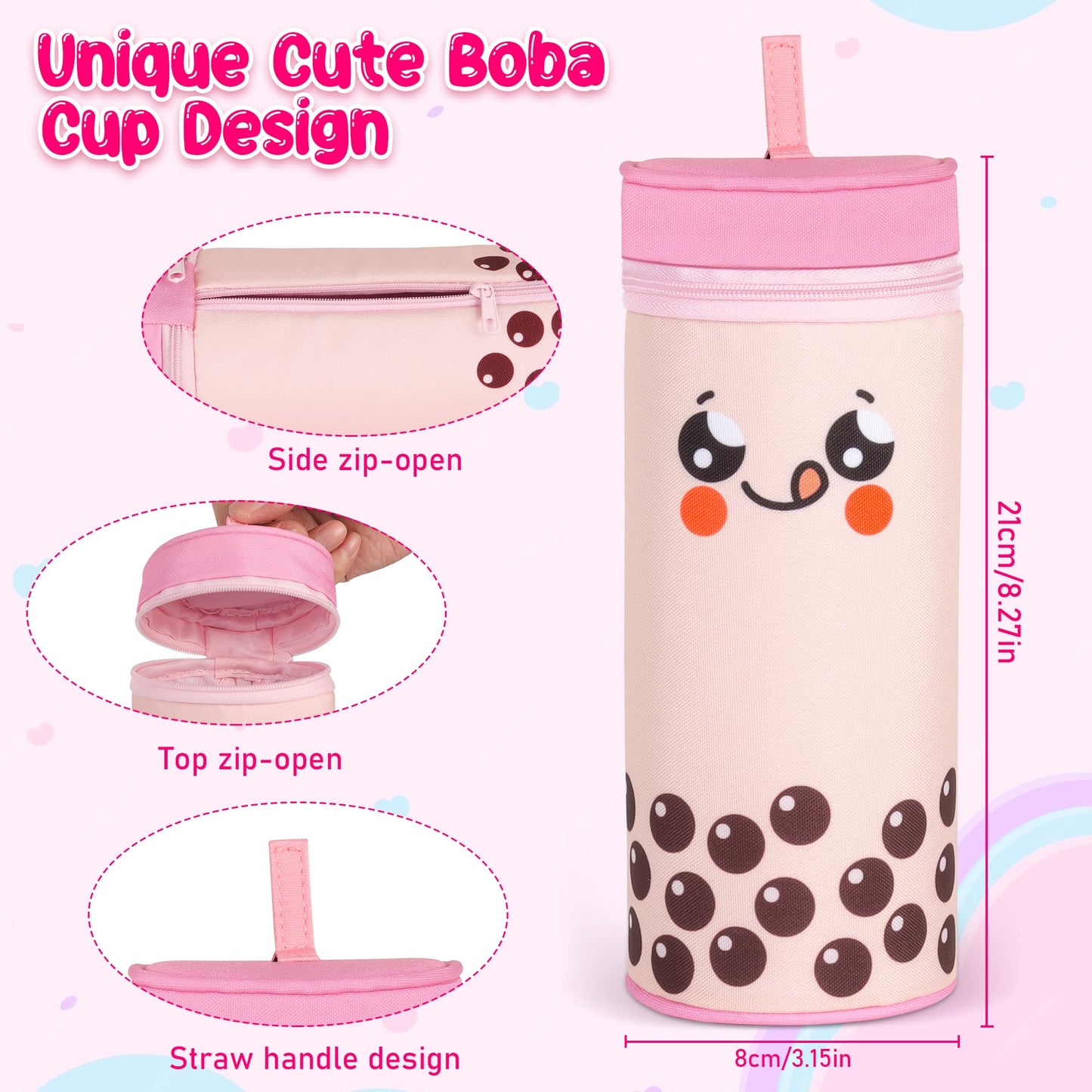 Boba Tea Pencil Case Holder 61 PCS Pink Stationary Set Pink Stationery Bag 4 Cute Pens, 53 Stickers, Bubble Sticky Notes and Erasers, Ruler Present Set for gift