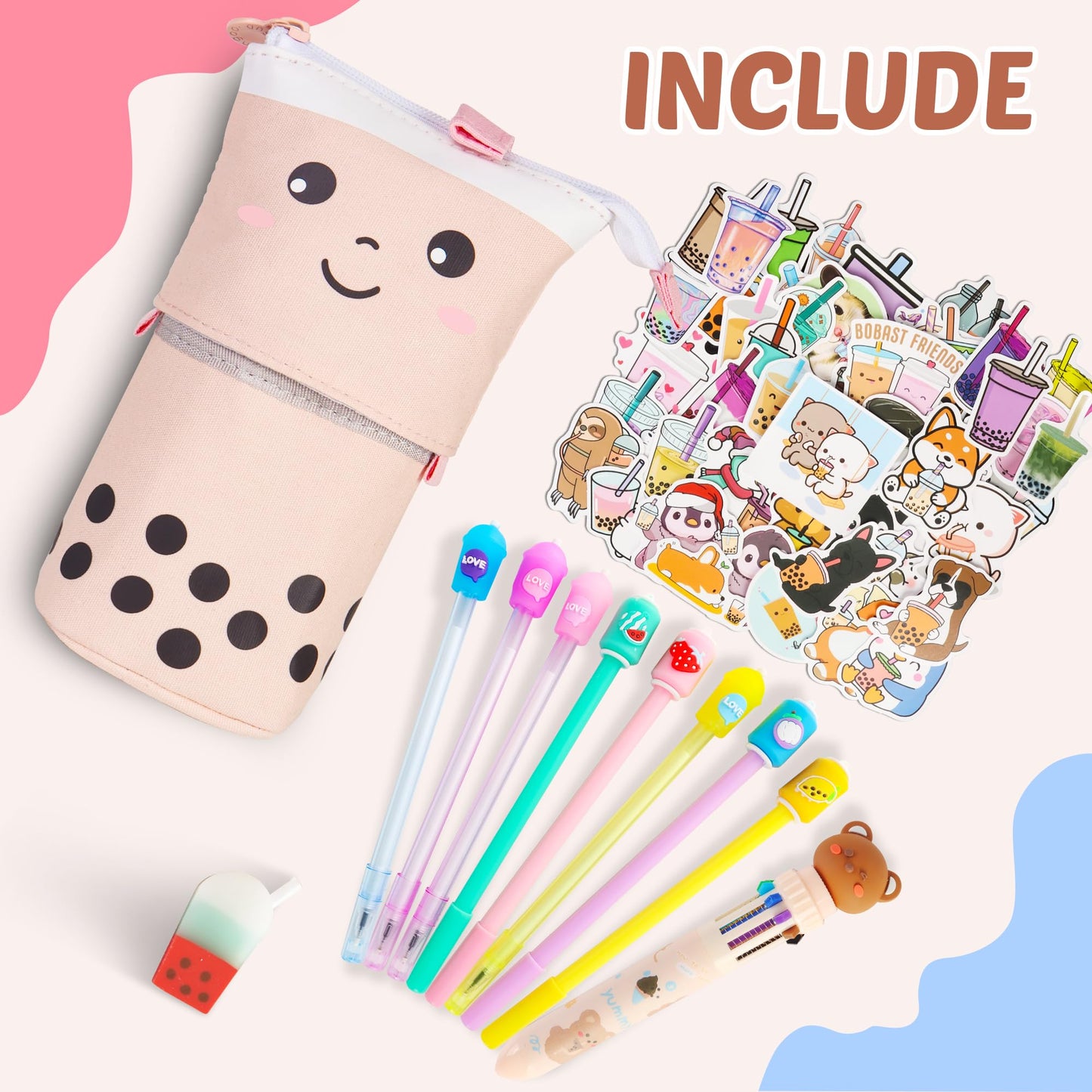 Boba Tea Pencil Case Holder 61 PCS Pink Stationary Set Pink Stationery Bag 4 Cute Pens, 53 Stickers, Bubble Sticky Notes and Erasers, Ruler Present Set for gift