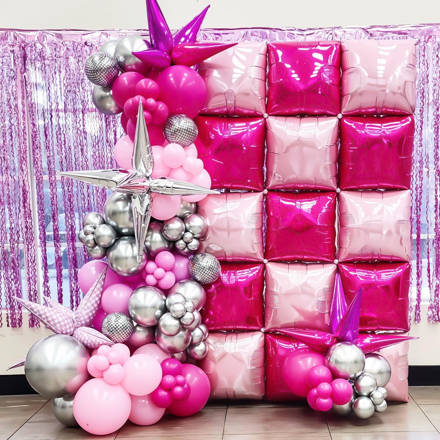 Silver Square Foil Balloon Wall,25Pcs Silver Balloon Backdrop Helium Mylar Balloon Tunnel Arch Garland Kit for Birthday Bridal Anniversary Baby Shower Party Decorations