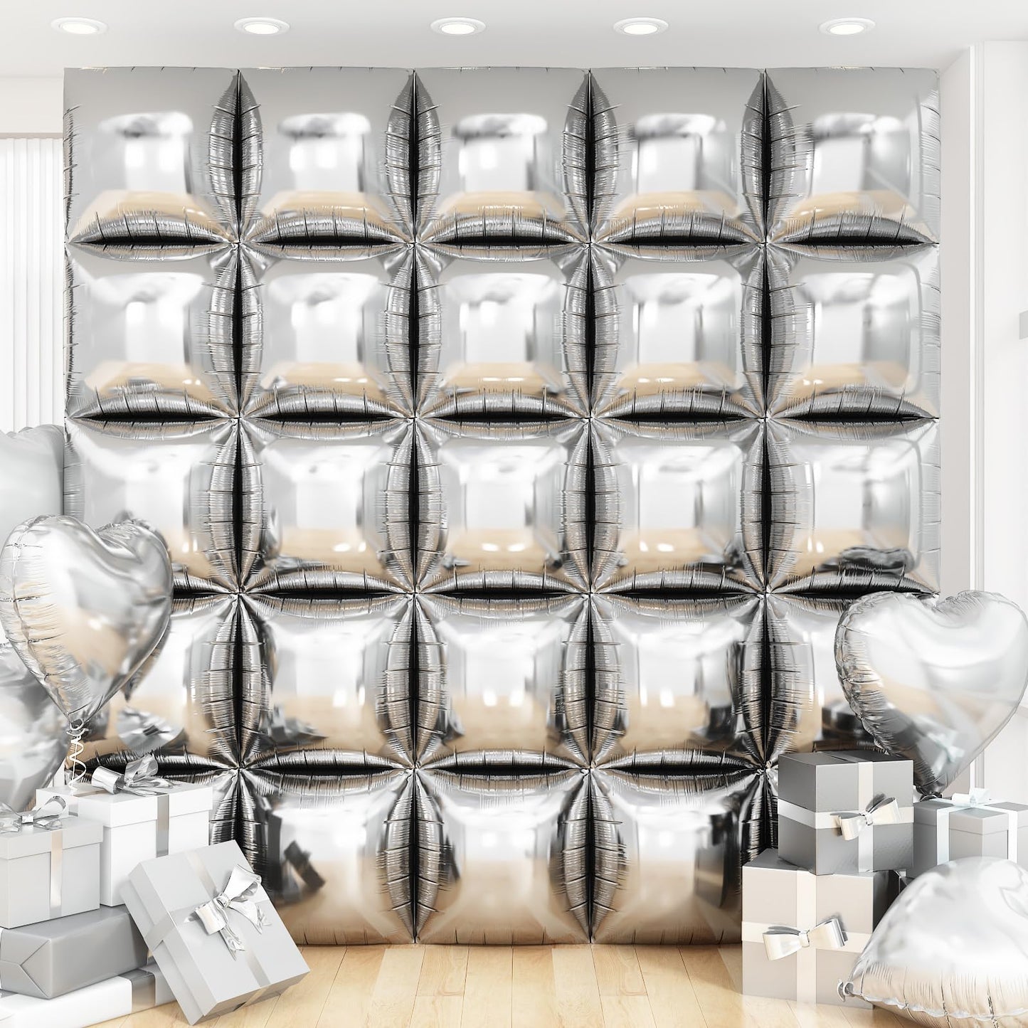 Silver Square Foil Balloon Wall,25Pcs Silver Balloon Backdrop Helium Mylar Balloon Tunnel Arch Garland Kit for Birthday Bridal Anniversary Baby Shower Party Decorations