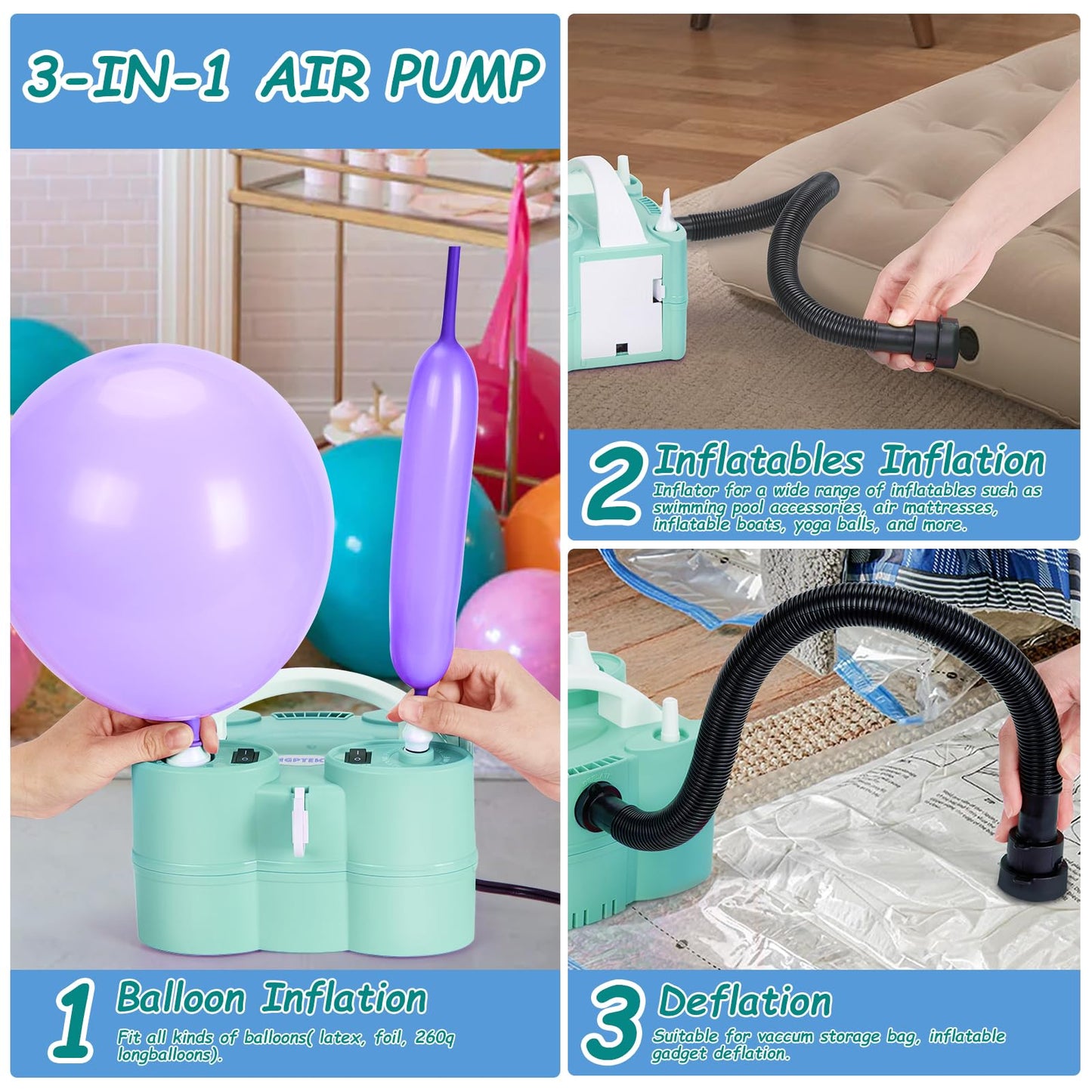 3-in-1 Air Pump for Inflatables and Balloon Electric Air Balloon Pump 600W for Latex 260Q Foil Balloons with Hose Extension