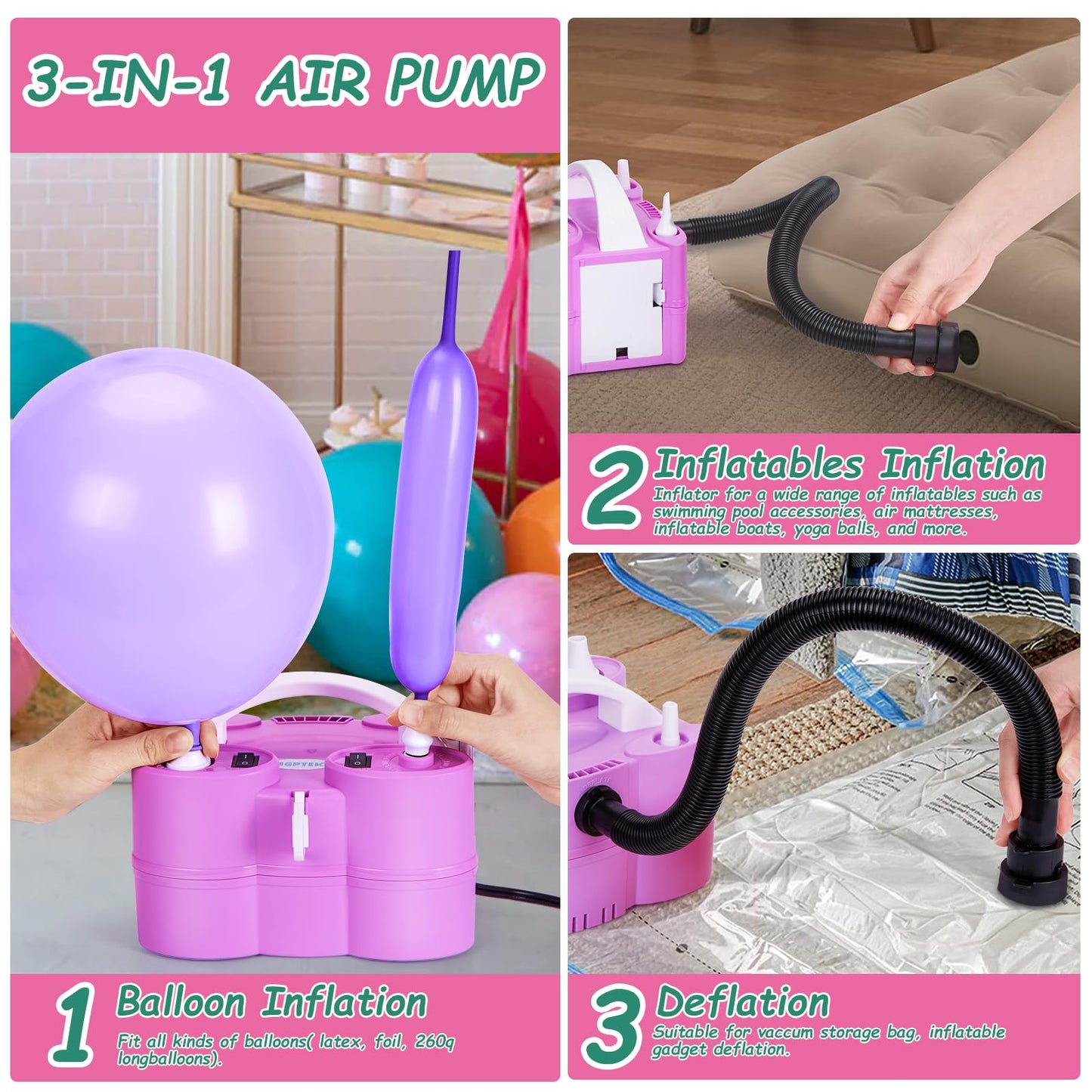 3-in-1 Air Pump for Inflatables and Balloon Electric Air Balloon Pump 600W for Latex 260Q Foil Balloons with Hose Extension