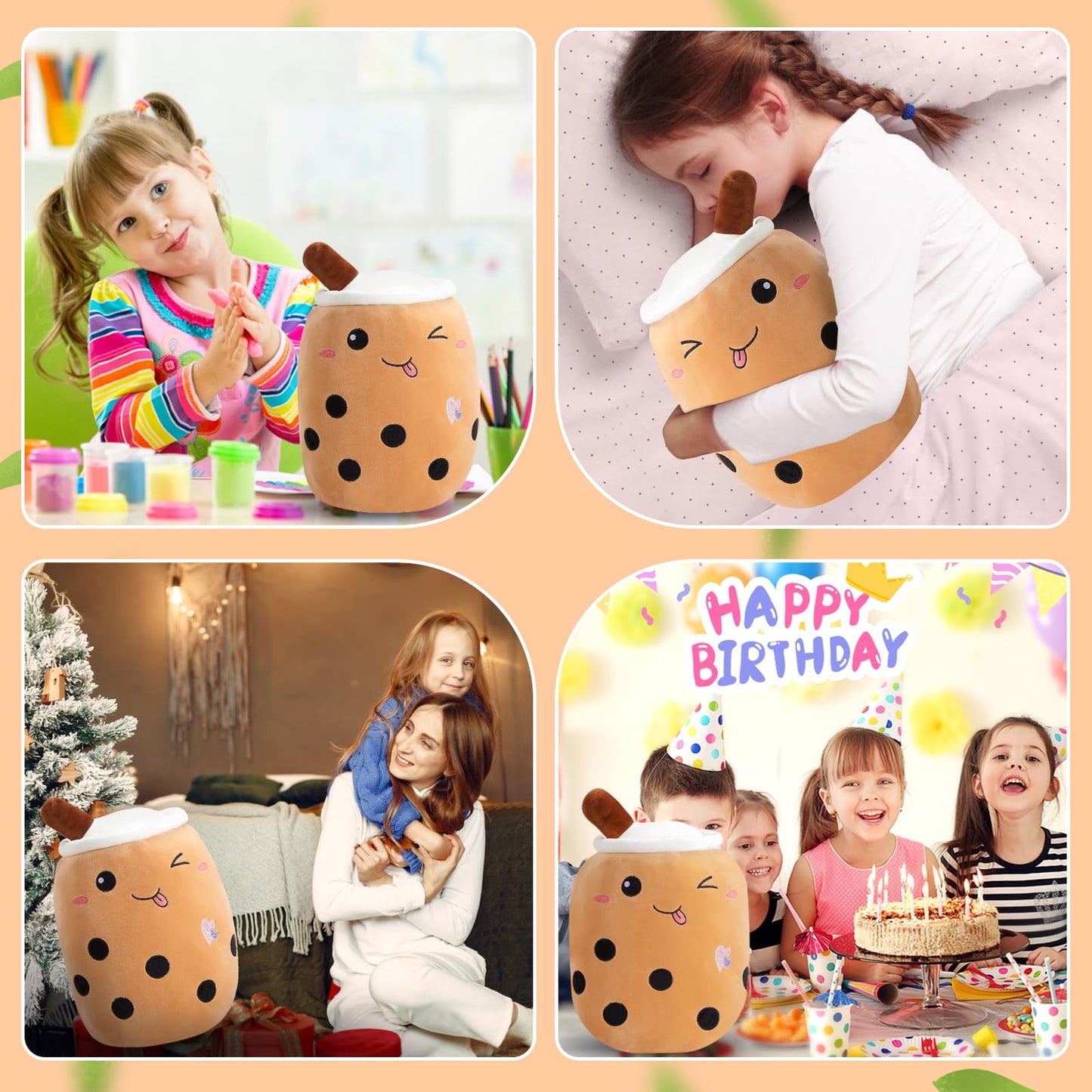 Light Up Strawberry Boba Tea Soft Plush Pillow 10''