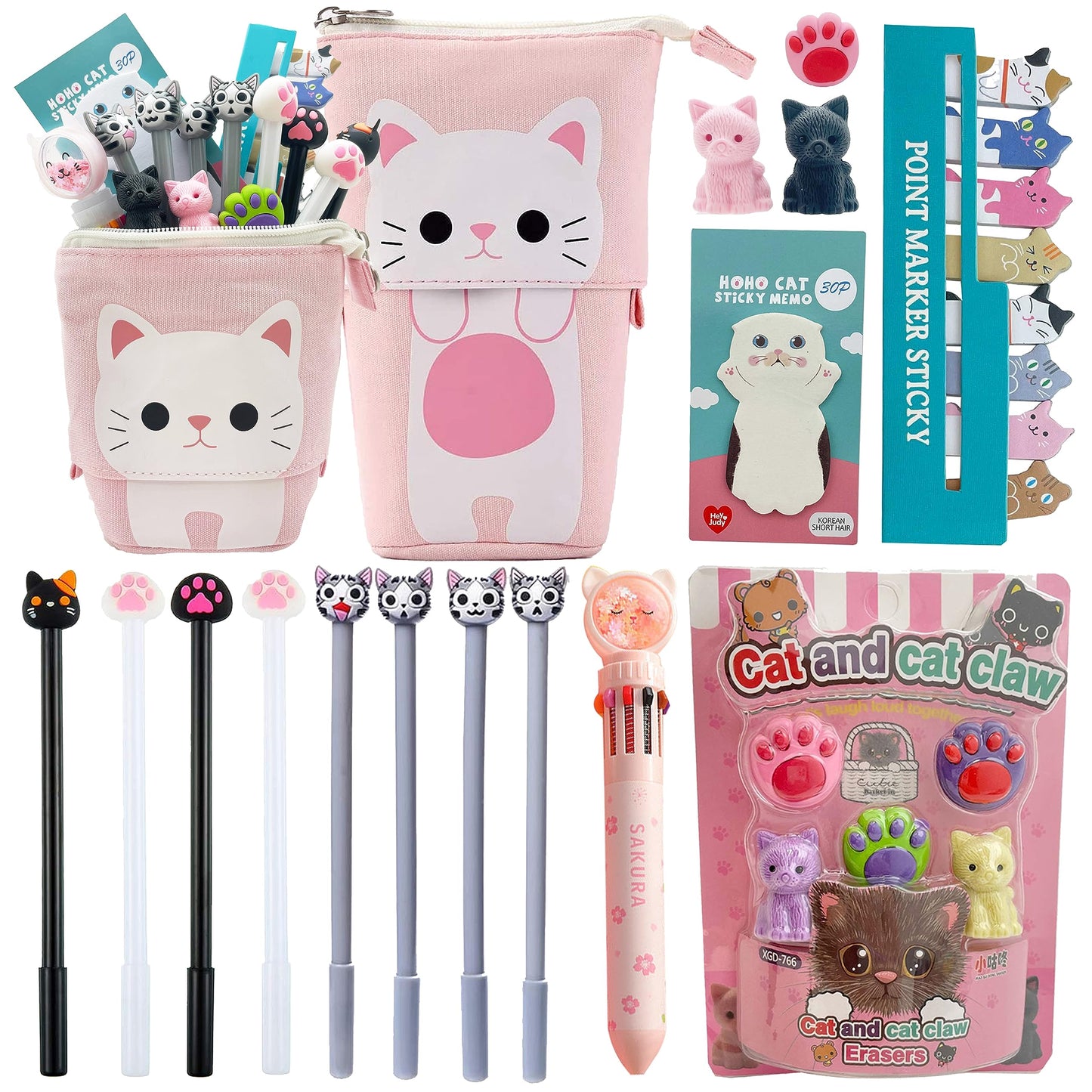 Boba Tea Pencil Case Holder 61 PCS Pink Stationary Set Pink Stationery Bag 4 Cute Pens, 53 Stickers, Bubble Sticky Notes and Erasers, Ruler Present Set for gift
