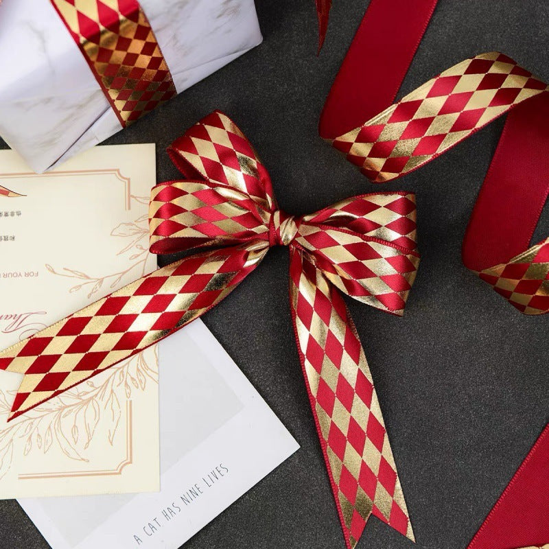 Red & Gold Diamond Plaid Satin Ribbon