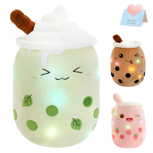 Light Up Strawberry Boba Tea Soft Plush Pillow 10''