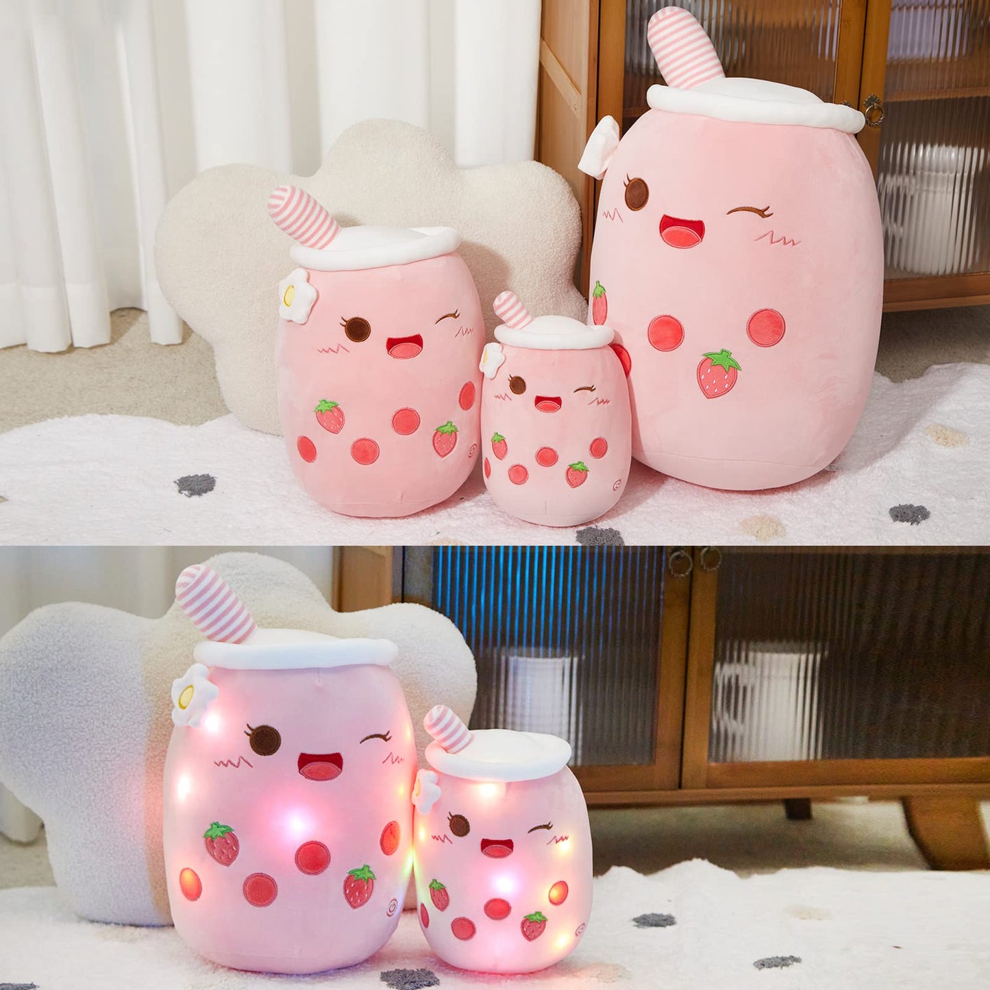 Light Up Strawberry Boba Tea Soft Plush Pillow 10''