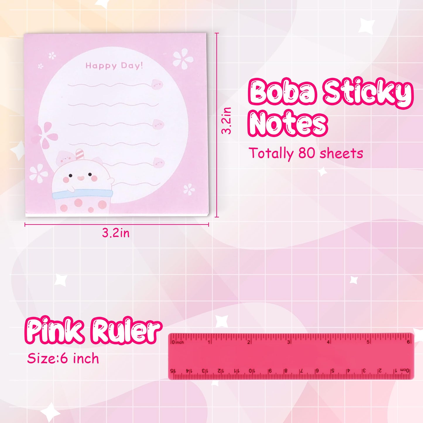 Boba Tea Pencil Case Holder 61 PCS Pink Stationary Set Pink Stationery Bag 4 Cute Pens, 53 Stickers, Bubble Sticky Notes and Erasers, Ruler Present Set for gift