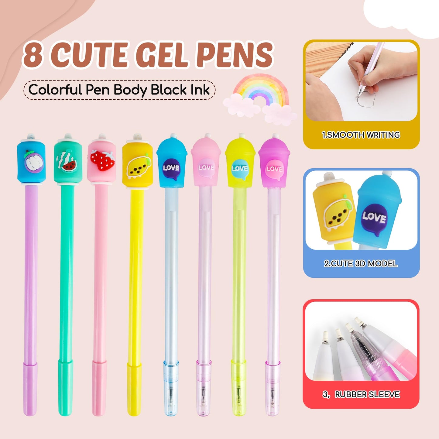 Boba Tea Pencil Case Holder 61 PCS Pink Stationary Set Pink Stationery Bag 4 Cute Pens, 53 Stickers, Bubble Sticky Notes and Erasers, Ruler Present Set for gift