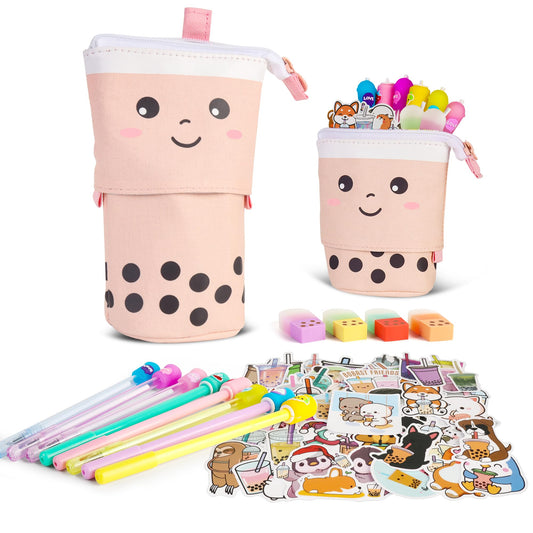 Boba Tea Pencil Case Holder 61 PCS Pink Stationary Set Pink Stationery Bag 4 Cute Pens, 53 Stickers, Bubble Sticky Notes and Erasers, Ruler Present Set for gift