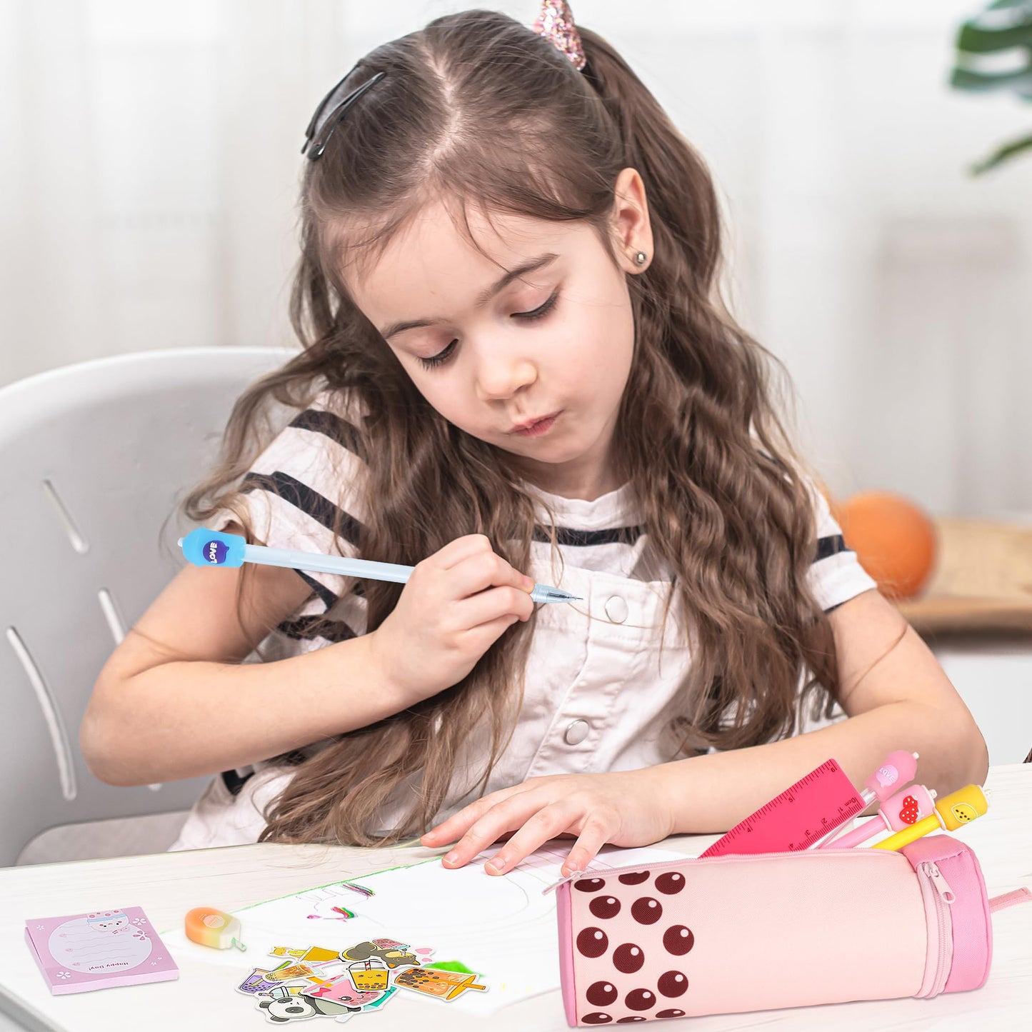 Boba Tea Pencil Case Holder 61 PCS Pink Stationary Set Pink Stationery Bag 4 Cute Pens, 53 Stickers, Bubble Sticky Notes and Erasers, Ruler Present Set for gift
